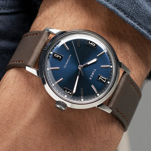 Timex Marlin Men’s Blue Round Dial Leather Strap Watch 40mm TW2V44500U9