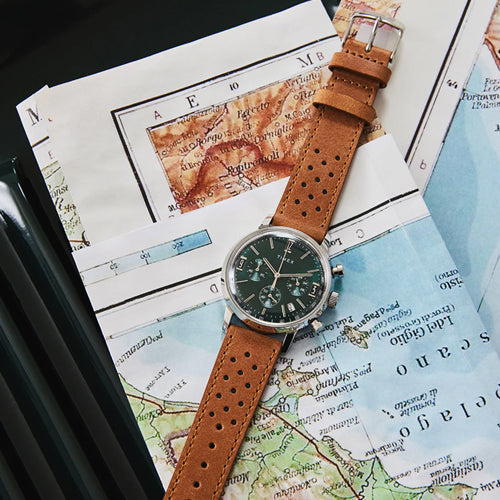 Timex Marlin Men Chronograph Tachymeter Green Dial Leather Strap Watch 40mm TW2W10100UJ