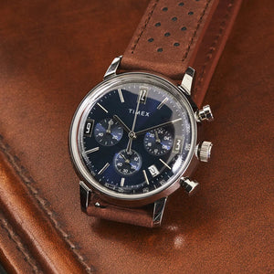 Timex Marlin Men Chronograph Tachymeter Blue Dial Leather Strap Watch 40mm TW2W10200UJ