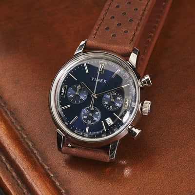 Timex Marlin Men Chronograph Tachymeter Blue Dial Leather Strap Watch 40mm TW2W10200UJ