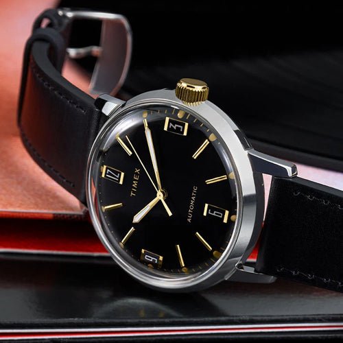 Timex Marlin Men’s Black Round Dial Leather Strap Watch 40mm TW2W33900U9