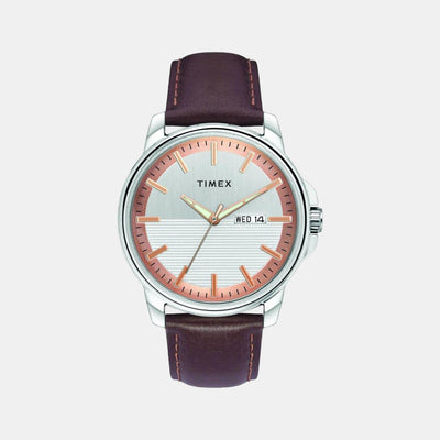 Fashion Men Quartz Silver Dial Analog Leather Watch TWEG17210