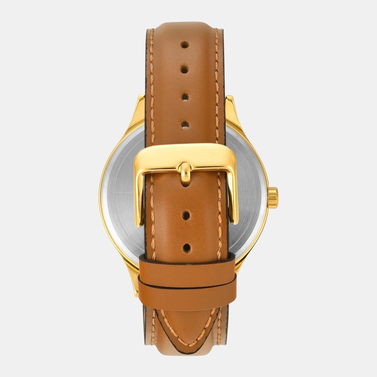 Fashion Men Quartz Champagne Dial Multi-Function Leather Watch TWEG18439