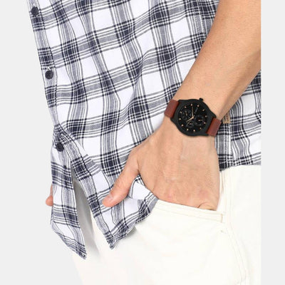 Fashion Men Quartz Black Dial Chronograph Leather Watch TWEG18505