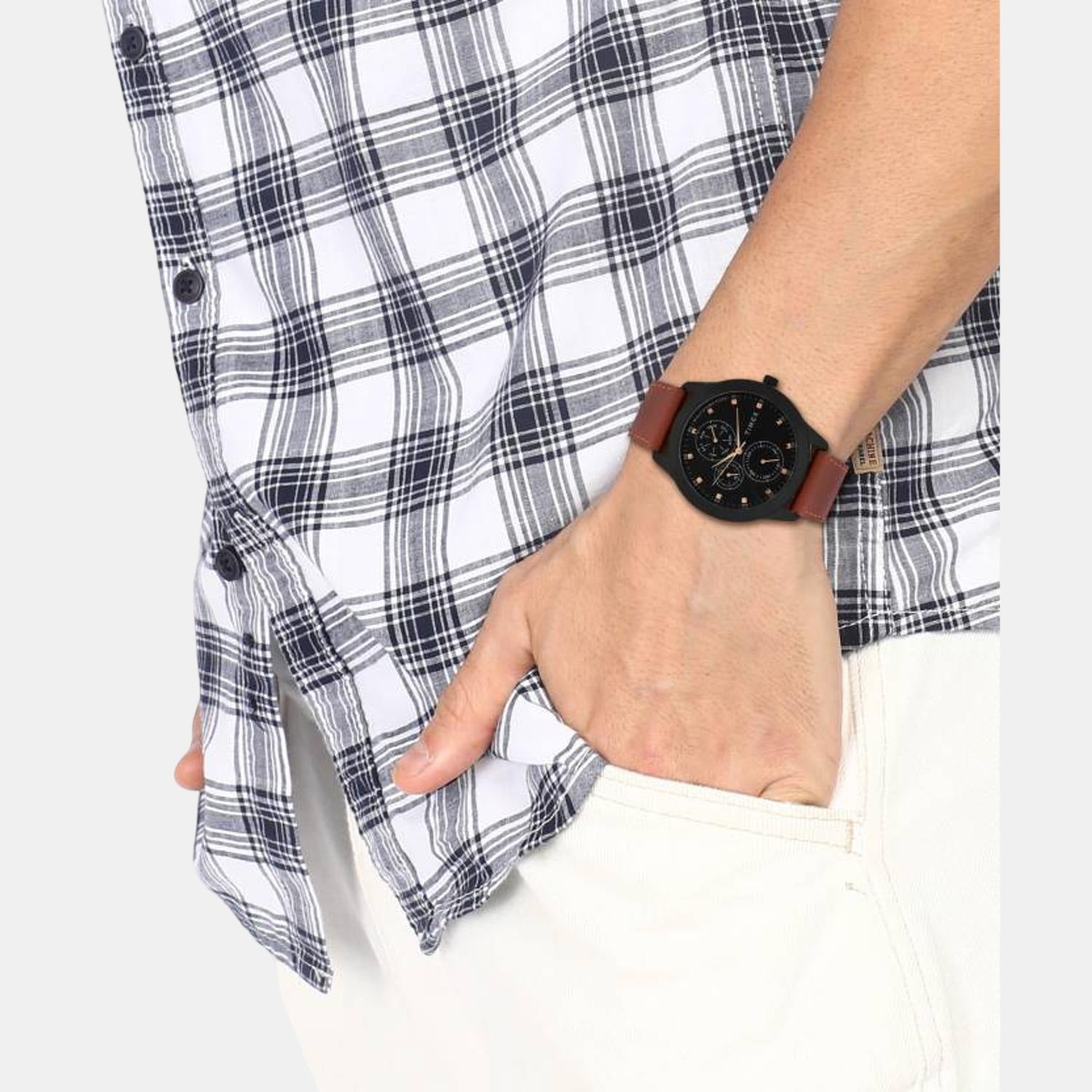 Fashion Men Quartz Black Dial Chronograph Leather Watch TWEG18505