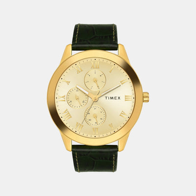 Fashion Men Quartz Champagne Dial Multi-Function Leather Watch TWEG18526