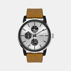 Fashion Men Quartz Silver Dial Chronograph Leather Watch TWEG18901