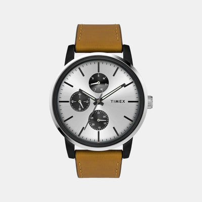 Fashion Men Quartz Silver Dial Chronograph Leather Watch TWEG18901