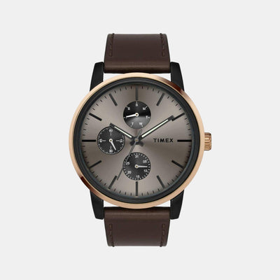 Fashion Men Quartz Brown Dial Multi-Function Leather Watch TWEG18903