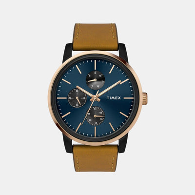 Fashion Men Quartz Blue Dial Multi-Function Leather Watch TWEG18904
