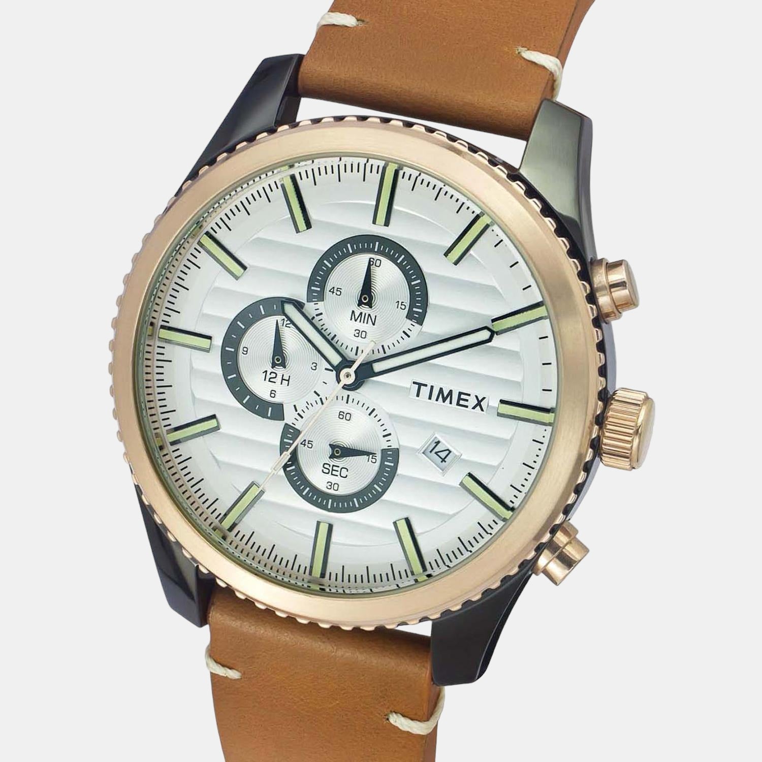 Fashion Men Quartz Silver Dial Chronograph Leather Watch TWEG19502