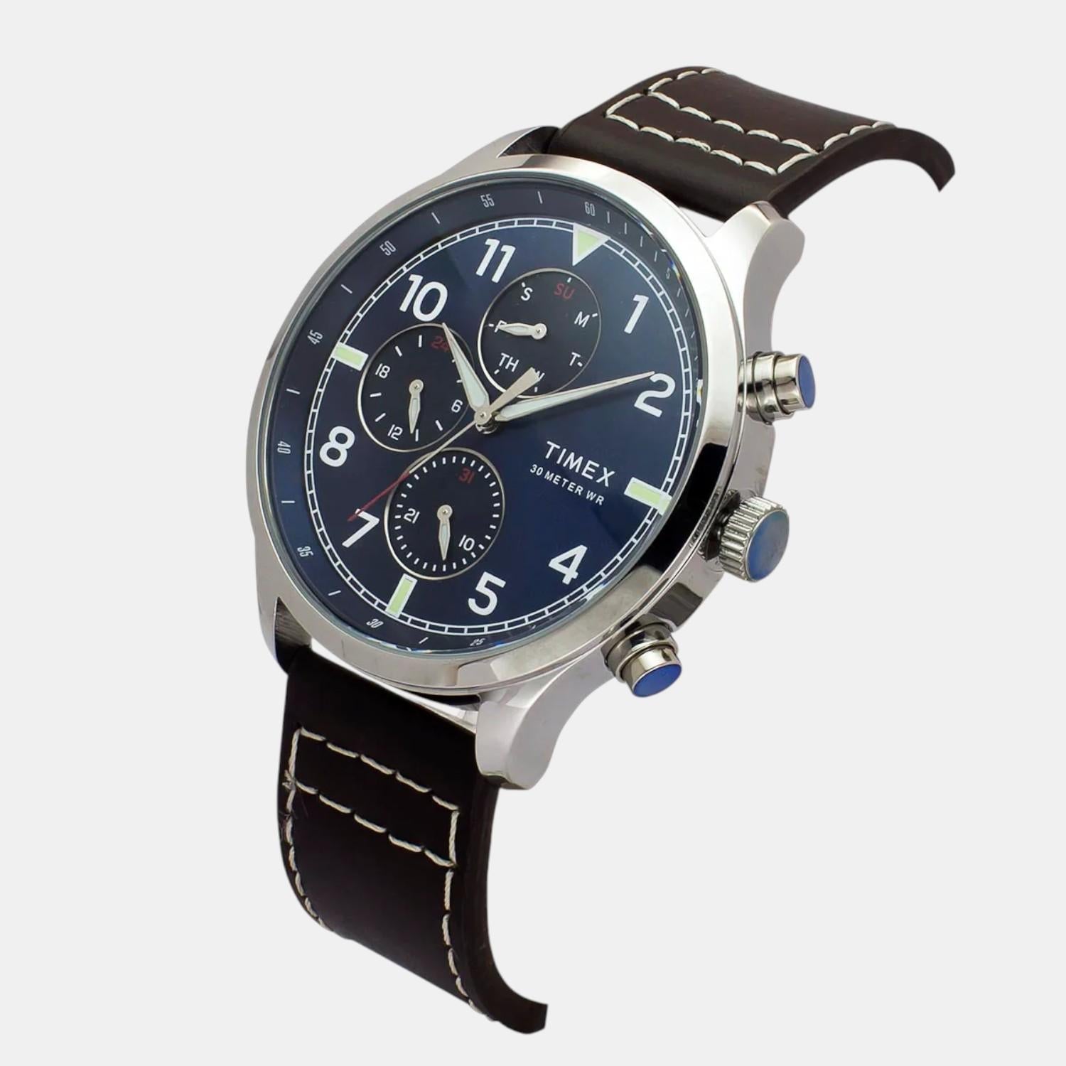 Fashion Men Quartz Silver Dial Multi-Function Leather Watch TWEG23902