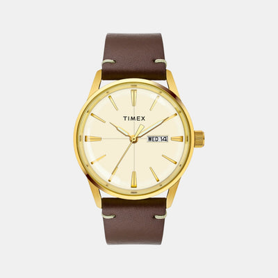 Fashion Men Quartz Champagne Dial Analog Leather Watch TWEG25502