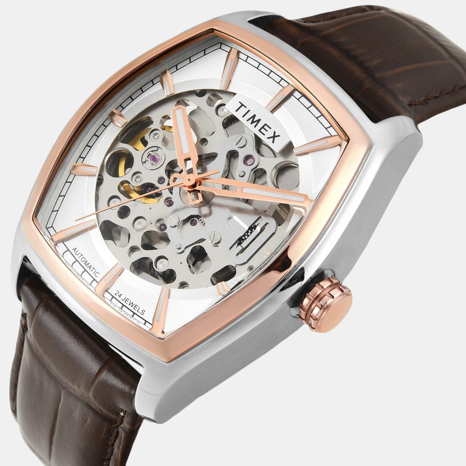 Fashion Men Automatic Silver Dial Analog Leather Watch TWEG25901