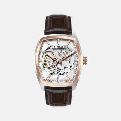 Fashion Men Automatic Silver Dial Analog Leather Watch TWEG25901