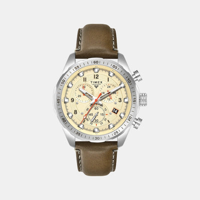 Fashion Men Quartz Beige Dial Chronograph Leather Watch TWEG26000