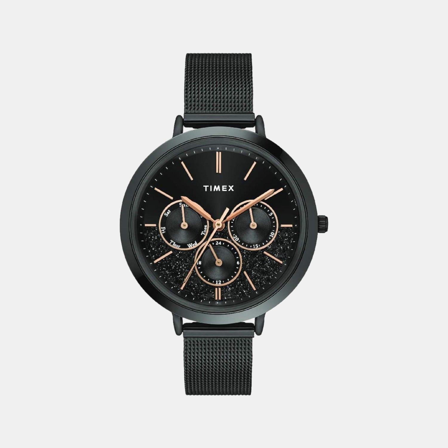 Fashion Women Quartz Black Dial Multi-Function Stainless Steel Watch TWEL14501