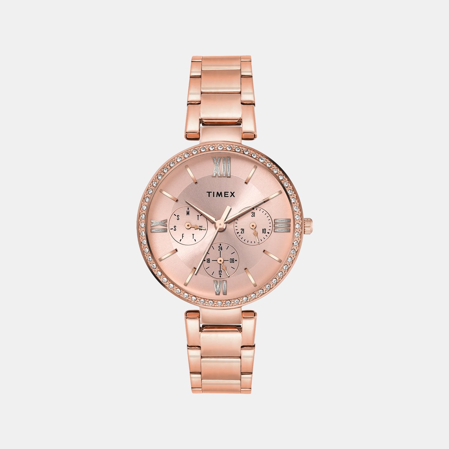 Fashion Women Quartz Pink Dial Multi-Function Stainless Steel Watch TWEL18707