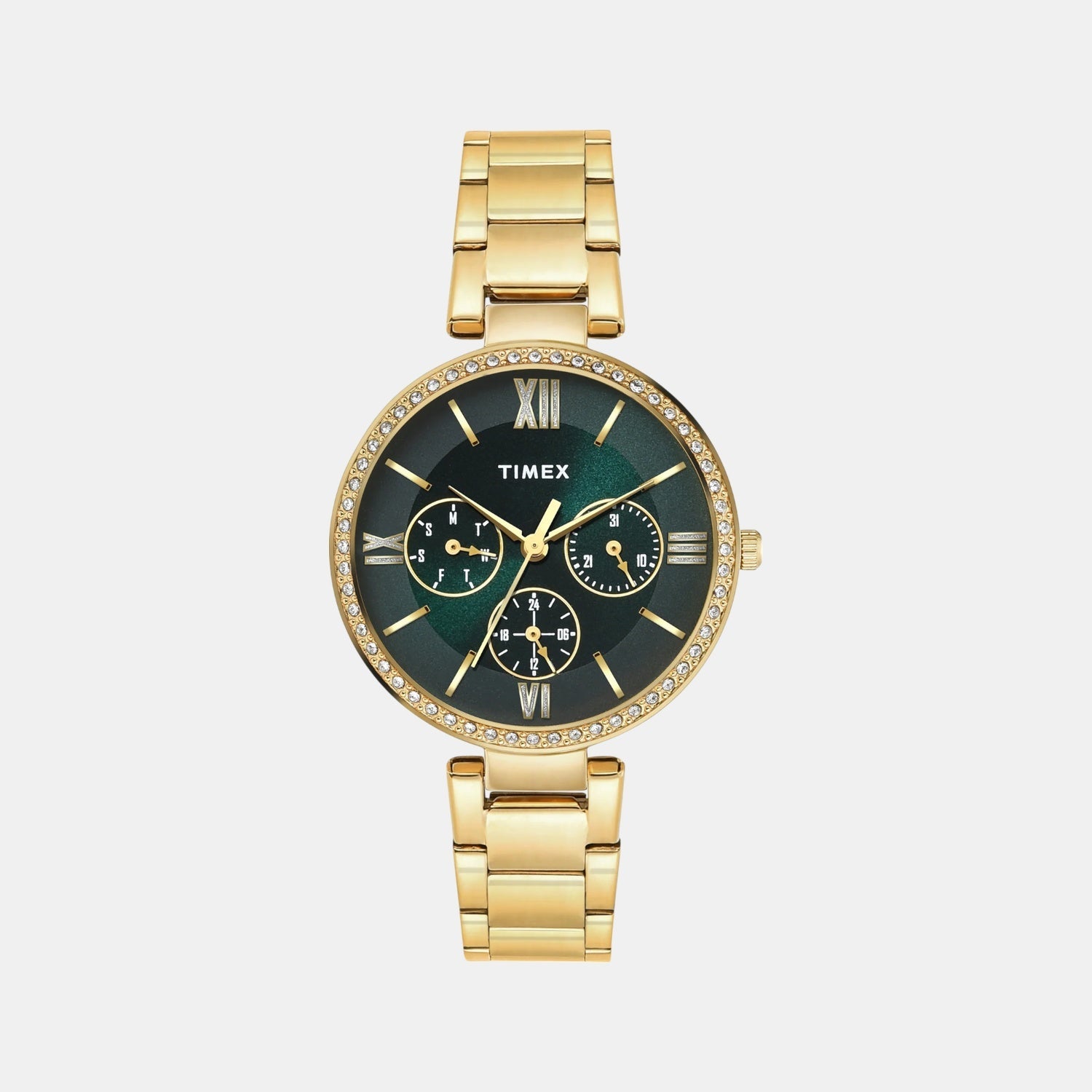 Fashion Women Quartz Green Dial Multi-Function Stainless Steel Watch TWEL18708