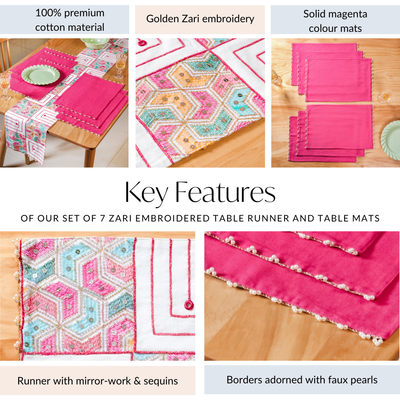 Set Of 7 Embroidered Vibrant Table Mats And Runner Set