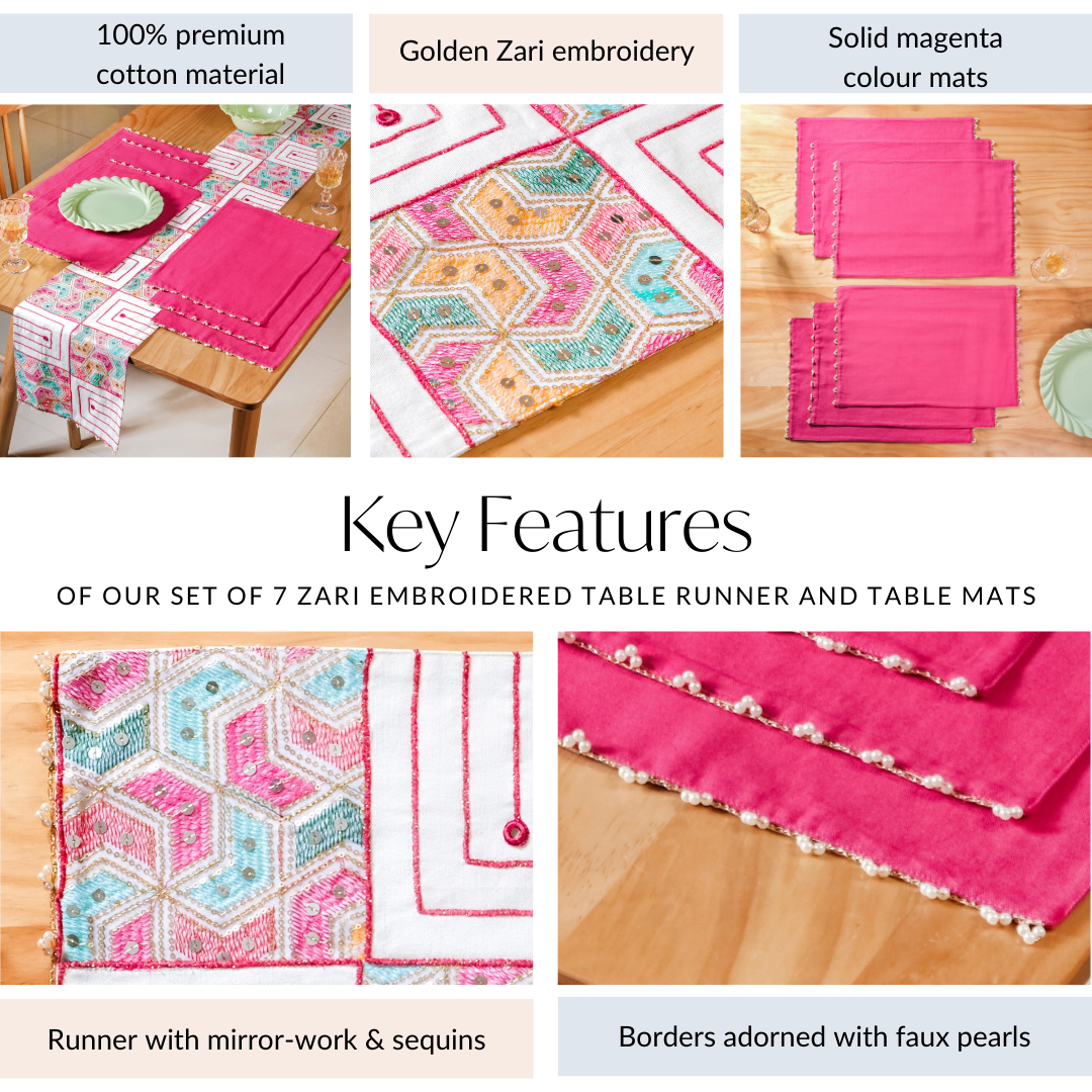 Set Of 7 Embroidered Vibrant Table Mats And Runner Set