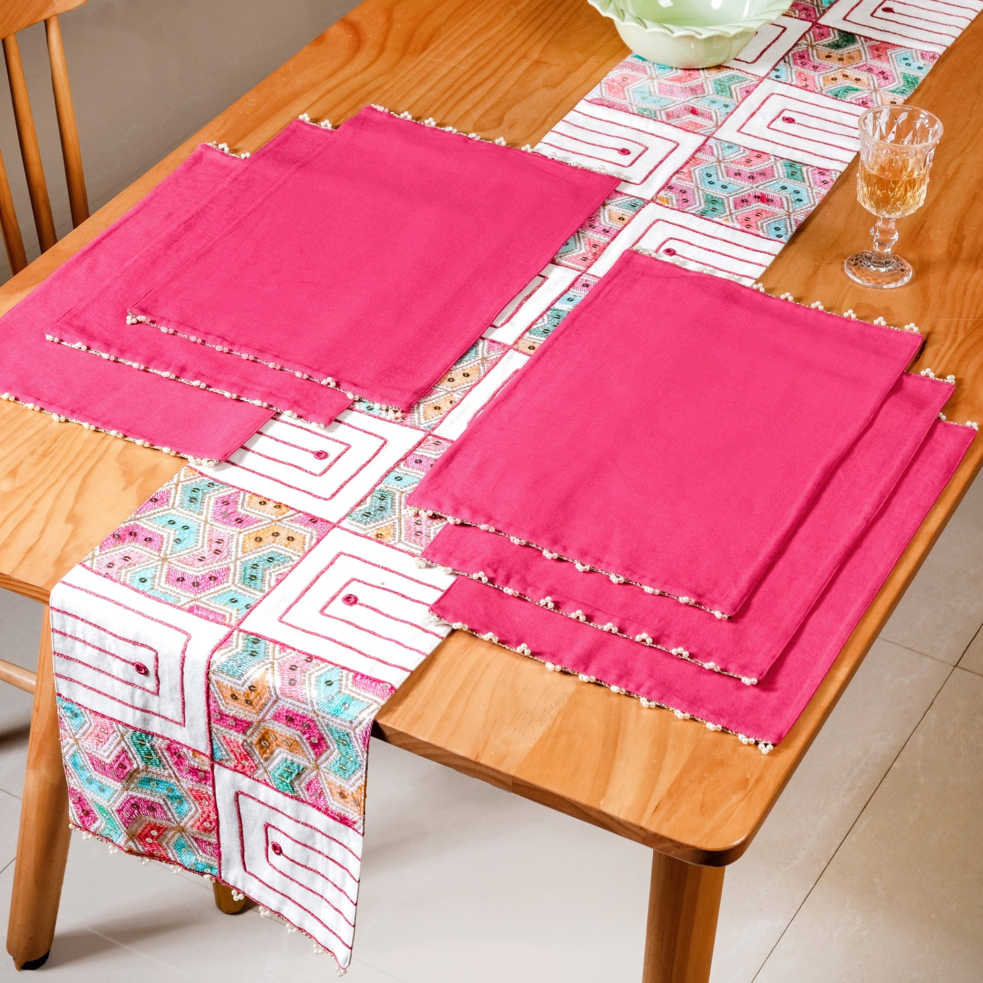 Set Of 7 Embroidered Vibrant Table Mats And Runner Set