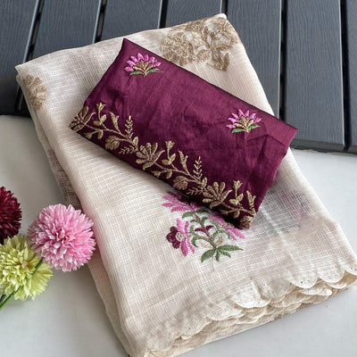 Snappy Beige Embroidery Work Kota Doria Saree With Ethnic Blouse Piece