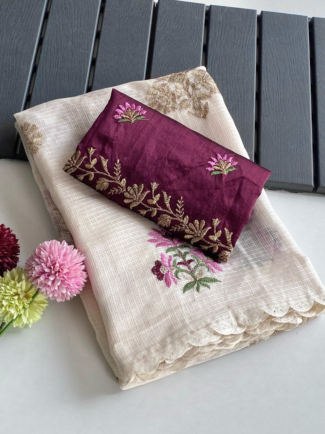 Snappy Beige Embroidery Work Kota Doria Saree With Ethnic Blouse Piece