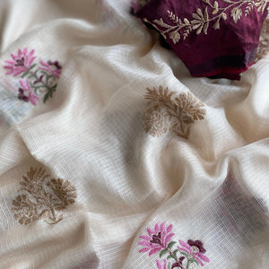 Snappy Beige Embroidery Work Kota Doria Saree With Ethnic Blouse Piece