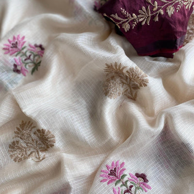 Snappy Beige Embroidery Work Kota Doria Saree With Ethnic Blouse Piece