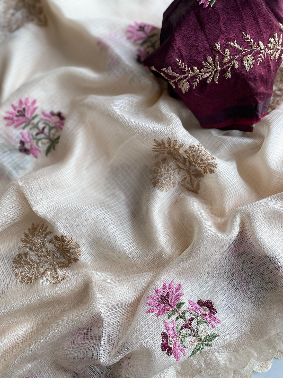 Snappy Beige Embroidery Work Kota Doria Saree With Ethnic Blouse Piece