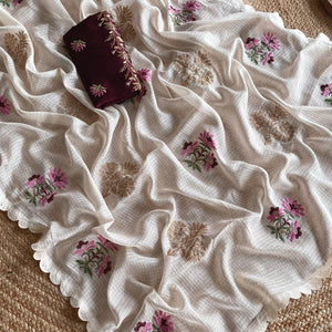 Snappy Beige Embroidery Work Kota Doria Saree With Ethnic Blouse Piece