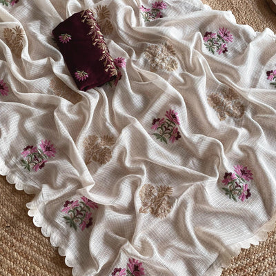 Snappy Beige Embroidery Work Kota Doria Saree With Ethnic Blouse Piece