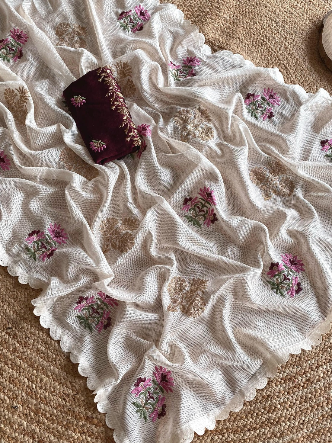 Snappy Beige Embroidery Work Kota Doria Saree With Ethnic Blouse Piece