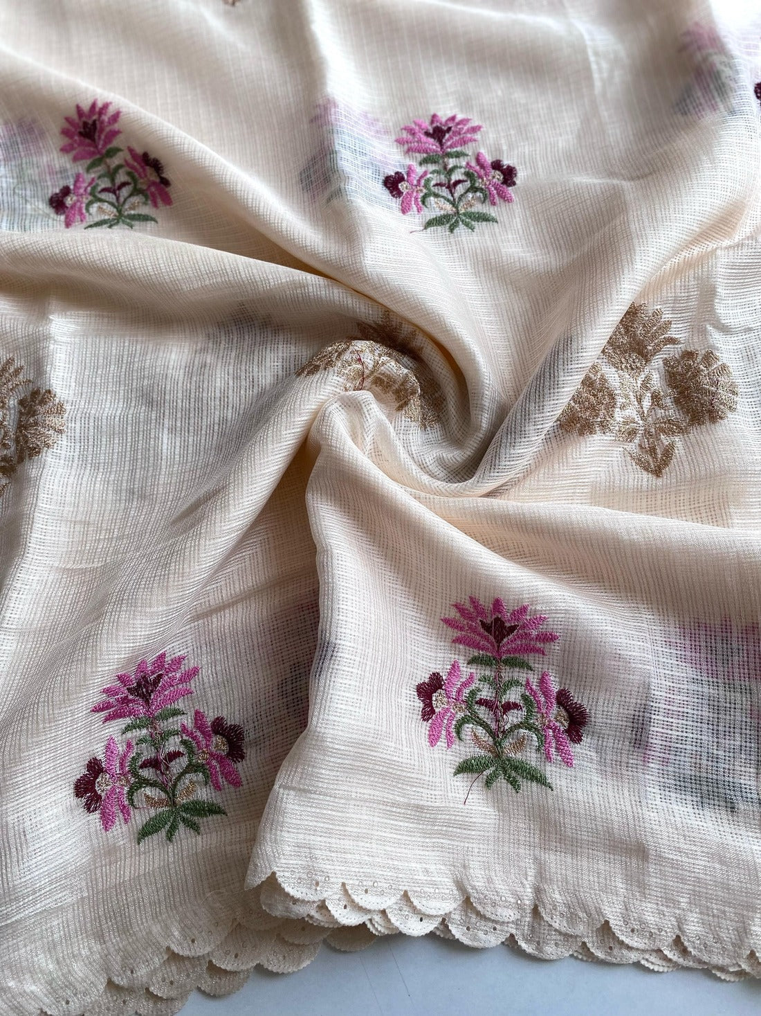 Snappy Beige Embroidery Work Kota Doria Saree With Ethnic Blouse Piece