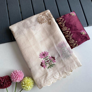 Snappy Beige Embroidery Work Kota Doria Saree With Ethnic Blouse Piece