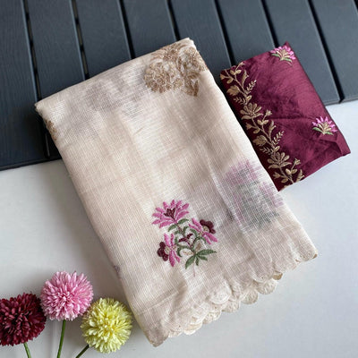 Snappy Beige Embroidery Work Kota Doria Saree With Ethnic Blouse Piece