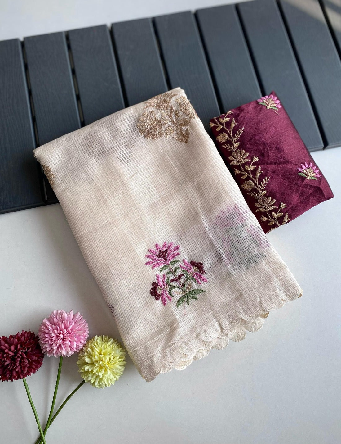 Snappy Beige Embroidery Work Kota Doria Saree With Ethnic Blouse Piece