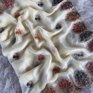 Whimsical Beige Embroidery Work Fendy Silk Saree With Glowing Blouse Piece