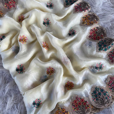 Whimsical Beige Embroidery Work Fendy Silk Saree With Glowing Blouse Piece