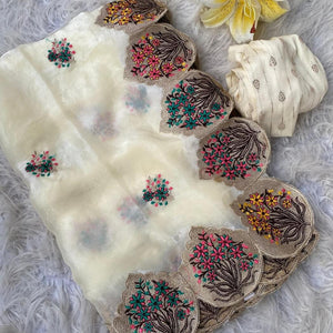 Whimsical Beige Embroidery Work Fendy Silk Saree With Glowing Blouse Piece