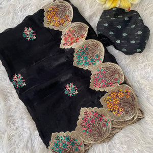 Fragrant Black Embroidery Work Fendy Silk Saree With Murmurous Blouse Piece
