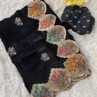 Fragrant Black Embroidery Work Fendy Silk Saree With Murmurous Blouse Piece