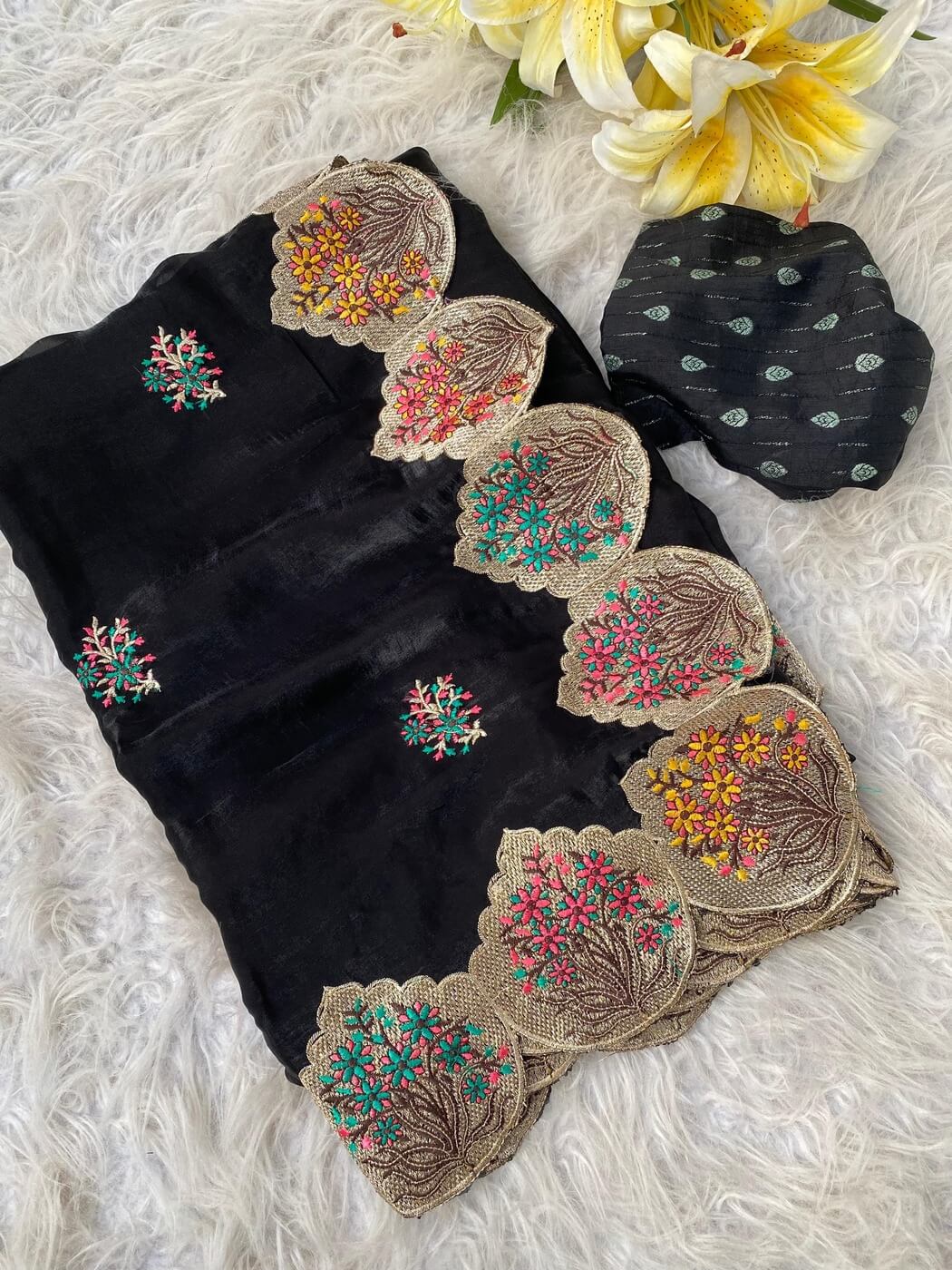 Fragrant Black Embroidery Work Fendy Silk Saree With Murmurous Blouse Piece