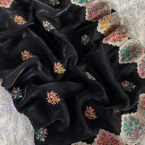 Fragrant Black Embroidery Work Fendy Silk Saree With Murmurous Blouse Piece