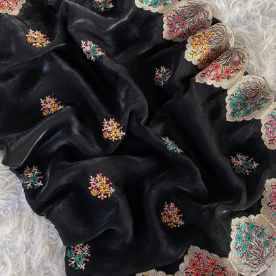 Fragrant Black Embroidery Work Fendy Silk Saree With Murmurous Blouse Piece