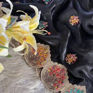 Fragrant Black Embroidery Work Fendy Silk Saree With Murmurous Blouse Piece