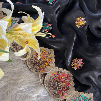 Fragrant Black Embroidery Work Fendy Silk Saree With Murmurous Blouse Piece