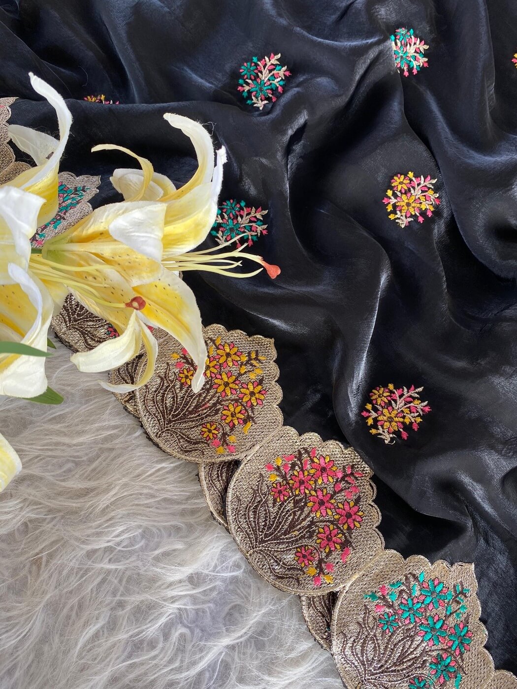 Fragrant Black Embroidery Work Fendy Silk Saree With Murmurous Blouse Piece