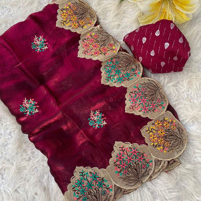 Majesty Maroon Embroidery Work Fendy Silk Saree With Adorning Blouse Piece